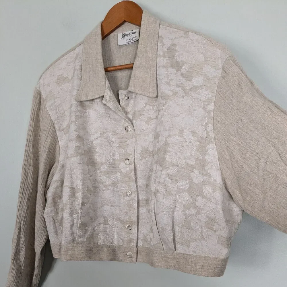 Cropped Jacket Top Brown M Vintage 90s Neutral Tan Indie Cream Floral Boho